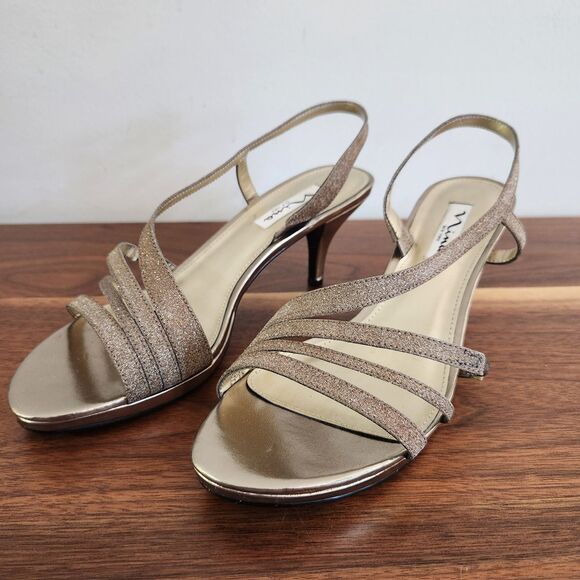 Nina Neely Heel Sandal Gold Glitter Asymmetrical Strap Slip On Party Shoe Size 9 - Picture 1 of 11